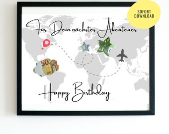 Regalo di compleanno con denaro da viaggio | Soldi di viaggio | vacanza | Fondo di viaggio | file digitale | Poster | personalizzabile | Buon compleanno | PDF