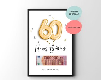 Cash gift | 60th birthday gift | Printable birthday gift | Your first million | Poster | Customizable
