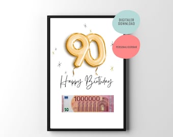 Cash gift | 90th birthday gift | Printable birthday gift | Anniversary | Poster | Personalized