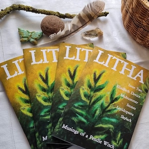May include: Four copies of a magazine called "Lilit Litha" with a yellow and green cover featuring a stylized plant illustration. The magazine title is in white text and the text "Musings of a Pendle Witch" is at the bottom of the cover. The magazine is issue two and features articles on Midsummer, stones, Lepidoptera, and skylark.