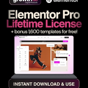 Könnte beinhalten: Werbung für Elementor Pro Lifetime License mit einem Bonus von 1.600 Vorlagen. Das Bild zeigt einen Laptop-Bildschirm mit der Elementor-Oberfläche und dem Text "INSTANT DOWNLOAD & USE" unten.