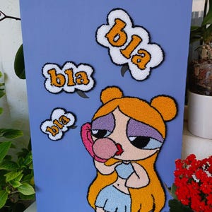 Bla Bla Punch Needle Wall Art – Sassy Cartoon Girl Decor – Handmade Pop Art Embroidery – Funny Teen Room Textile Art