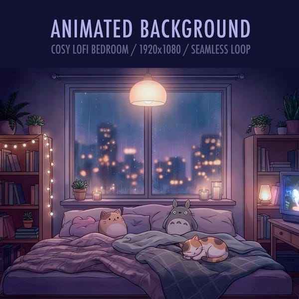 Vtuber Background Animated | Cosy Lofi Bedroom | Purple Looped Vtuber Twitch Stream Overlay | Instant Digital Download