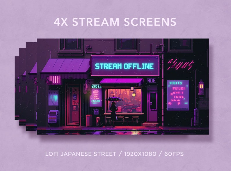 May include: A pixelated illustration of a Japanese street at night with a neon sign that reads "STREAM OFFLINE". The street is wet from rain and there is a person with an umbrella standing in front of a store.