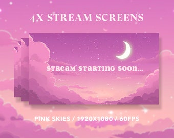 4x Stream Screens | Cosy Pink Lofi Sky | Starting Soon Screen | Stream Package | Vtuber Twitch Stream Overlay