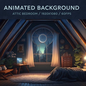 Vtuber Background Animated | Cosy Lofi Attic Bedroom | Purple Looped Vtuber Twitch Stream Overlay | Instant Digital Download