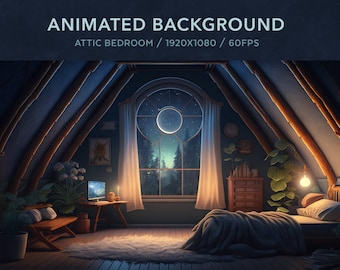 Vtuber Background Animated | Cosy Lofi Attic Bedroom | Purple Looped Vtuber Twitch Stream Overlay | Instant Digital Download