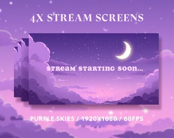 4x Stream Screens | Cosy Purple Lofi Sky | Starting Soon Screen | Stream Package | Vtuber Twitch Stream Overlay