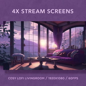 4x Stream Screens | Cosy Purple Lofi Livingroom | Starting Soon Screen | Stream Package | Vtuber Twitch Stream Overlay
