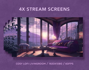 4x Stream Screens | Cosy Purple Lofi Livingroom | Starting Soon Screen | Stream Package | Vtuber Twitch Stream Overlay