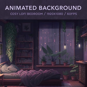 Fondo de Vtuber animado / Acogedor dormitorio Lofi / Superposición de transmisión de Twitch de Vtuber en bucle púrpura / Descarga digital instantánea