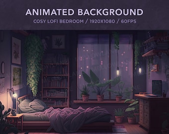 Vtuber Background Animated | Cosy Lofi Bedroom | Purple Looped Vtuber Twitch Stream Overlay | Instant Digital Download