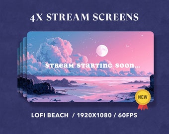 4x Stream Screens | Cosy Purple Lofi Beach | Starting Soon Screen | Stream Package | Vtuber Twitch Stream Overlay