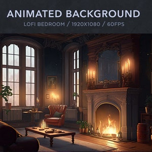 May include: A cozy, dimly lit living room with a fireplace, a large window, and a couch. The room is decorated with candles, plants, and books. The fireplace is lit and the flames are visible. The window is open and the curtains are drawn back. The couch is covered in a dark brown fabric and has a few pillows on it.