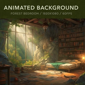 Vtuber Hintergrund Animiert | Gemütliches Lofi Wald Schlafzimmer | Looped Vtuber Twitch Stream Overlay | Sofortiger digitaler Download