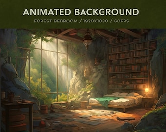 Vtuber Background Animated | Cosy Lofi Forest Bedroom | Looped Vtuber Twitch Stream Overlay | Instant Digital Download