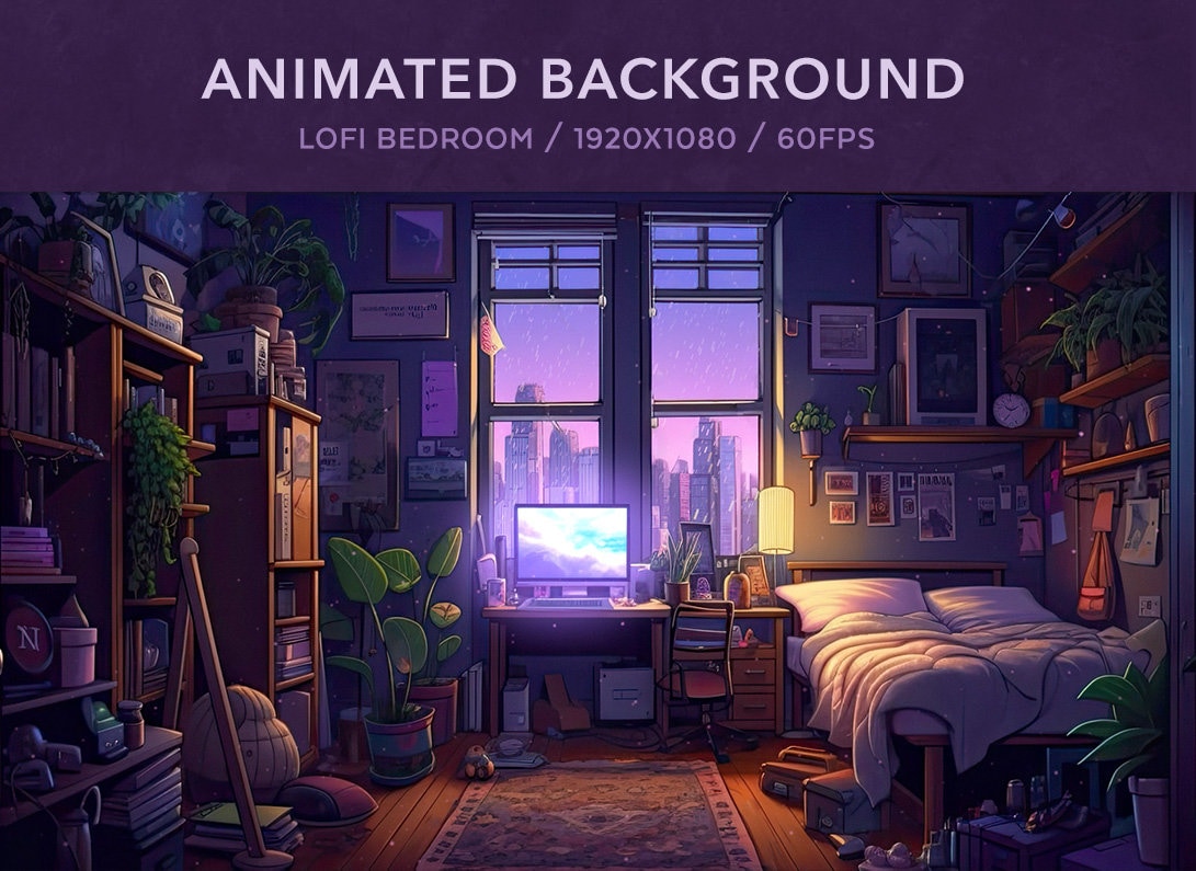 Vtuber Background Animated | Cosy Lofi Bedroom | Purple Looped Vtuber Twitch Stream Overlay | Instant Digital Download