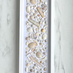May include: A rectangular white framed artwork filled with a variety of seashells in shades of white, cream, and beige. The shells are arranged on a white background, creating a coastal or beach-themed decorative piece.