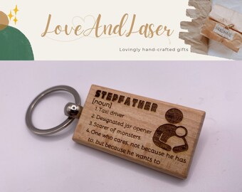 STEPFATHER KEYRING GIFT - Father's Day Stepdad Beech-wood Keyring - Optional Personalisation - Free Standard Delivery