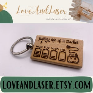May include: Wooden keychain with a laser-engraved design depicting a battery life meter for each day of the week. The design reads "Battery life of a teacher" with a lightning bolt and plug icon. The battery meter for Friday is empty and has an X through it.