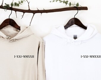 Custom Roman Numeral Hoodie, Couples Gift, Personalised Matching Anniversary Date Initial Hoodie for Engagements and Anniversaries