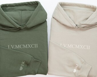 Custom Roman Numeral Hoodie Cotton Anniversary Gift Matching Couple Personalised Boyfriend Gift For Him 1st 2nd Wedding Anniversary For Her