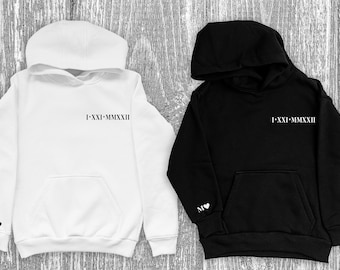 Sweat à capuche personnalisé avec chiffres romains, cadeau pour les couples, sweat à capuche initial personnalisé assorti date d'anniversaire pour fiançailles et anniversaires