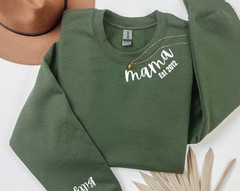 Personalised Mama Papa Sweatshirt & Custom Sleeve, Presents for mum, Pregnancy Gender Reveal Gift, Mama Sweatshirt for First Mothers Day