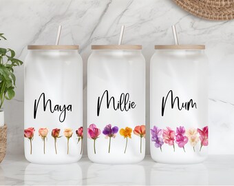 Personalized Birth Flower Tumbler Mother's Day Gift, Bridesmaid Proposal Party Favour, Glass Iced Coffee Cup, Cold Brew Floral Custom Cup