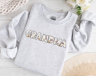 Nanny Personalised Mothers Day Gift, Nana Nan Floral Print Jumper Sweatshirt, Grandma Custom Gift For Her with Personalised Sleeve