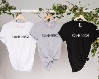 Custom Roman Numeral T shirt, Personalised Matching Couple Shirts, Cotton Anniversary Gift for Him, Birthday Date Gift