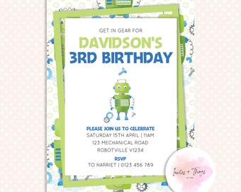 Robot Themed Birthday Party Invitation - Blue and Green Robot Invitation DIY Birthday Party Invitation Instant Download I-T022Design