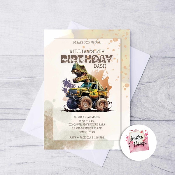 Dinosaur and Monster Truck Birthday Invitation - Editable Dinosaur Birthday Party Invitation DIY Invitation - Instant Download I-T034Design