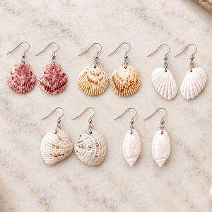 May include: Five pairs of dangle earrings featuring natural seashells in various shapes and colors, including reddish-pink fan shells, tan-striped fan shells, white fan shells, textured round shells, and smooth white spiral shells on silver hooks.