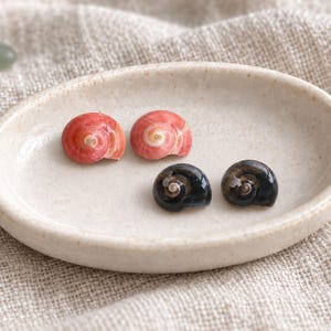 Puede incluir: Dos pequeñas conchas de caracol en espiral de color rosa y dos pequeñas conchas de caracol en espiral de color marrón oscuro dentro de un plato de cerámica ovalado, de color blanco roto, con acabado moteado y superficie lisa.