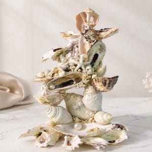 Large Pearly Seashell Jewelry Holder, Tiered Coastal Jewelry Stand