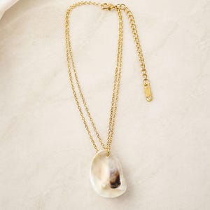 May include: A gold-tone necklace featuring a shell-shaped pendant. The pendant is white with brown and beige hues. The chain is fine and has an adjustable length, measured in centimetres.