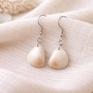 May include: A pair of drop earrings featuring small, off-white natural seashells suspended from silver-toned metal fishhook wires. The shells have a smooth, ribbed texture with subtle tan gradients near the base, attached by small circular jump rings.