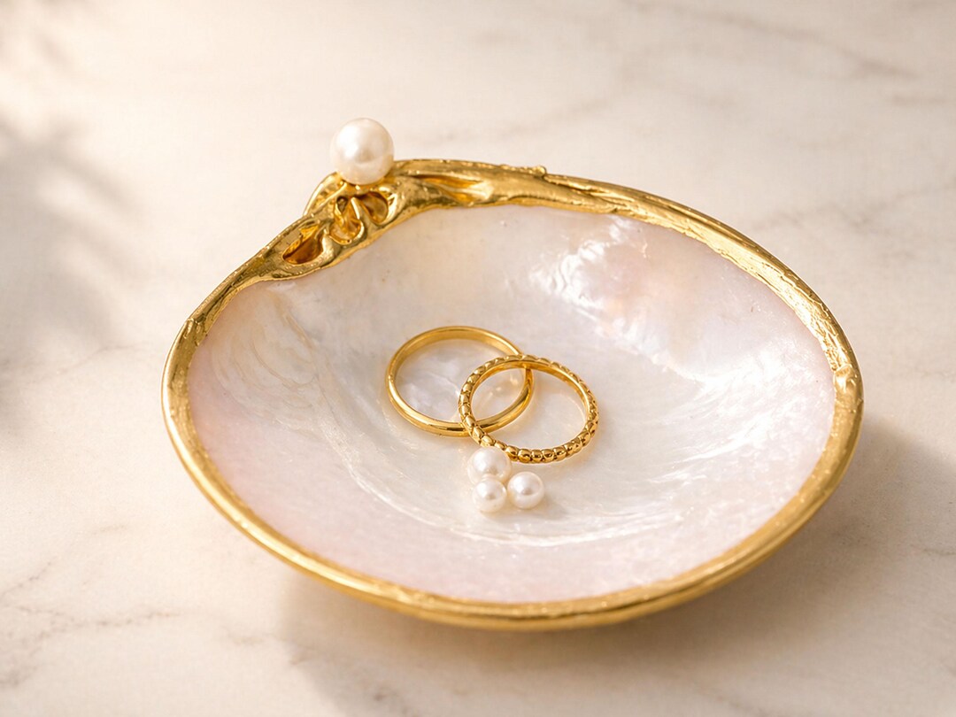Large Clam Shell Ring Dish With Pearls, Coastal Jewelry Holder, Beach ...