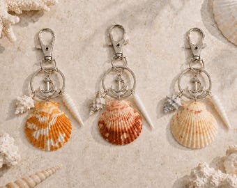 Calico Scallop Shell Keychain, Real Florida Seashell Bag Charm, Coastal Keyring