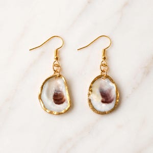 May include: A pair of gold-colored earrings featuring natural oyster shells. The shells have a white and brown interior, with a gold-colored trim. The earrings hang from gold-colored ear wires.