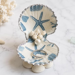 Blue Starfish Scallop Shell Jewelry Holder, Coastal Ring Dish, Seashell Decor