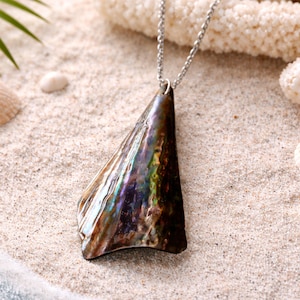Könnte beinhalten: Ein dreieckiger Anhänger aus einer dunklen, irisierenden Muschel mit schimmernden grünen, violetten und blauen Tönen. Der Anhänger hängt an einer dünnen silberfarbenen Metallkette und weist eine glatte, polierte Oberfläche mit natürlichen Rillen auf.