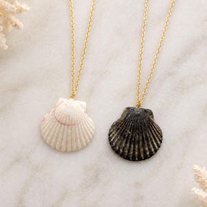 May include: Two seashell pendants on gold chains. One pendant is a cream color with pink accents, and the other is dark gray. The necklaces are displayed on a marble surface with decorative white coral.
