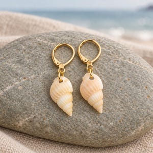 Puede incluir: Un par de pendientes con cierre de palanca en tono dorado que presentan pequeñas conchas marinas en espiral naturales como colgantes. Las conchas son de color crema y bronceado claro, suspendidas de un aro de metal dorado pulido.