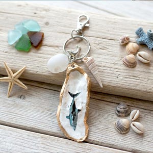 Shark Whale Keychain, Oyster Shell Bag Charm, Ocean Animal Gift, Beach Keyring, Florida Shell Accessory