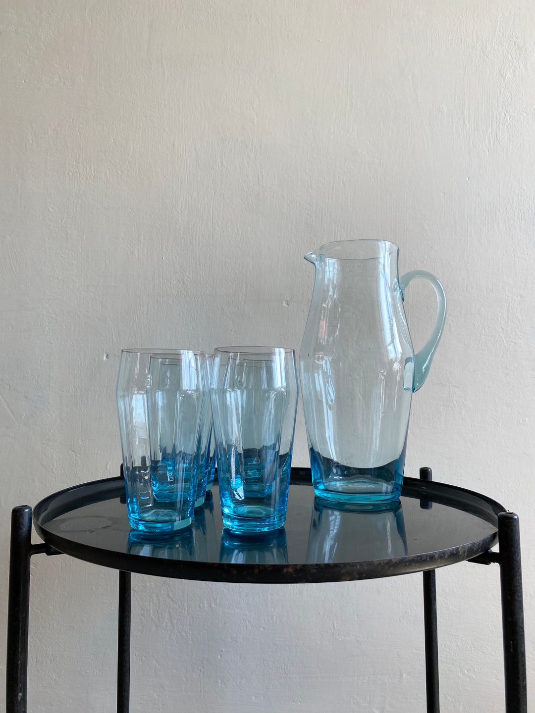 Electric Blue Water Jug and Glasses, Vintage Mid Century Glass Lemonade
