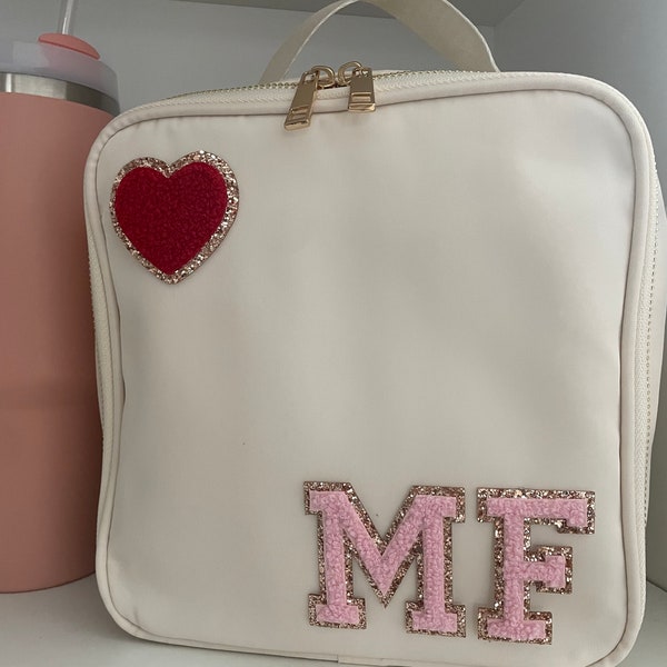 Personalised nylon lunch bag with glitter patches, school bag, baby bag, kids lunch bag, birthday gift, back to school