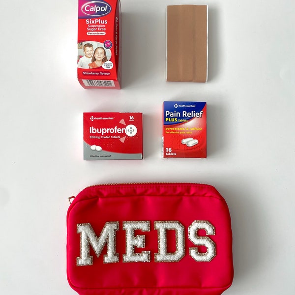 Personalised nylon medium medicine pouch with glitter patches, first aid pouch, first aid kit, meds pouch, travel pouch, medicine bag