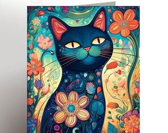 Cat birthday card, Cat owner card, Cat lover card, Cute cat card, Black cat card, Floral cat card cat greeting card